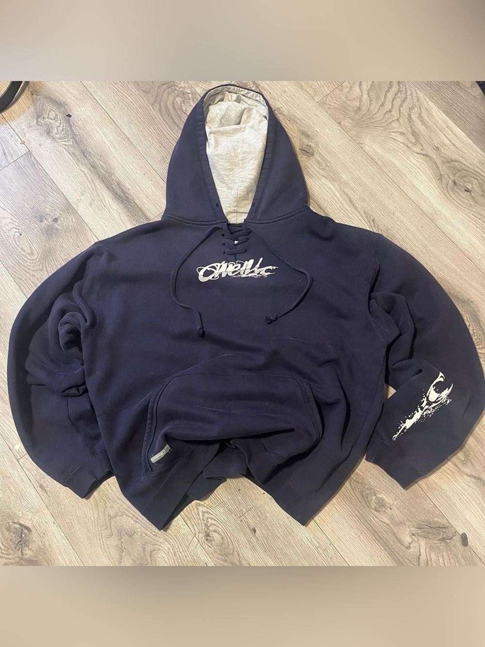 Vintage Y2K O'Neill GRAIL Navy Lace-Up Pullover Hoodie with White Script Logo XL